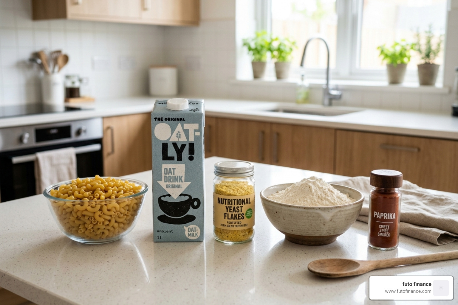 five basic ingredients on a kitchen counter - simple vegan mac and cheese