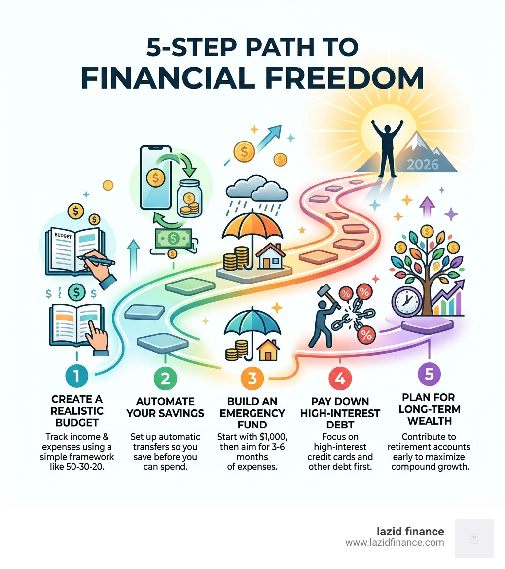5-step path to financial freedom infographic showing budget, automate, emergency fund, debt, and retirement - money tips