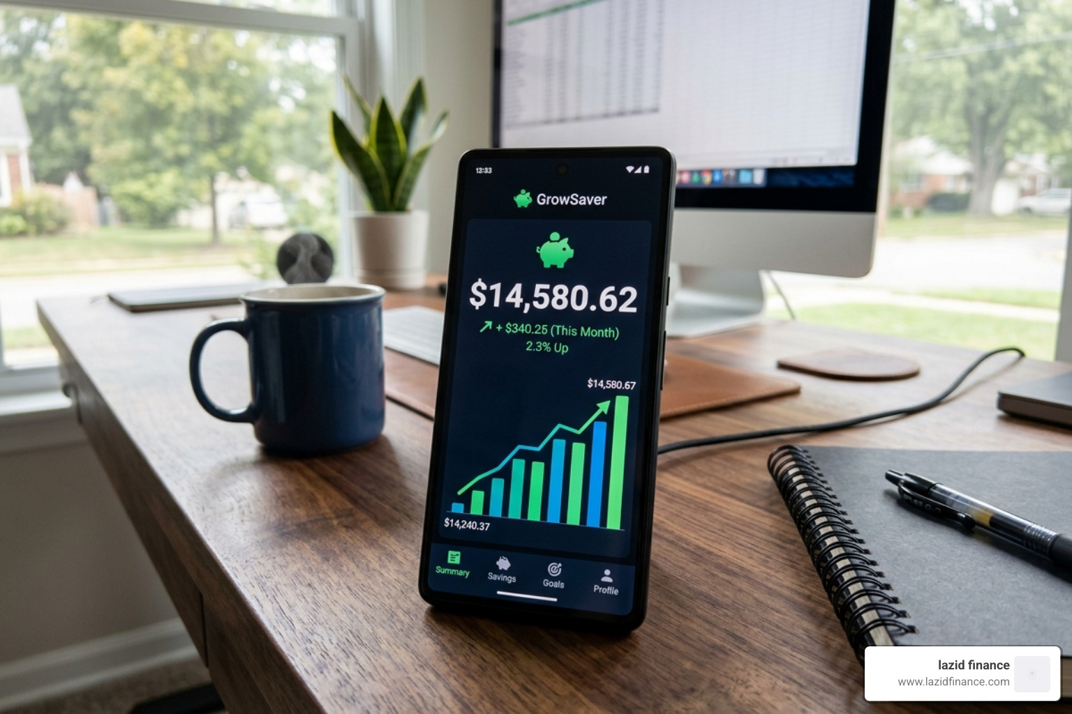 digital piggy bank with green growth arrows - money tips