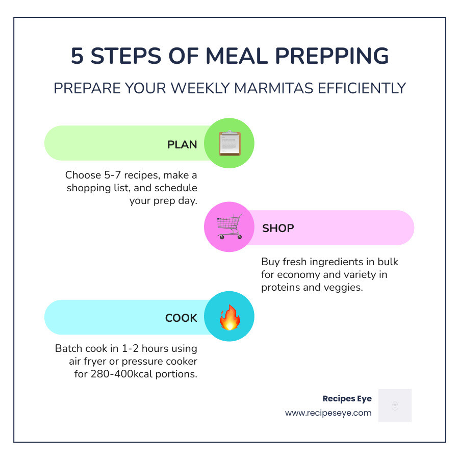 5 steps of meal prepping: plan, shop, cook, assemble, store - ideias de marmitas infographic infographic-line-3-steps-colors