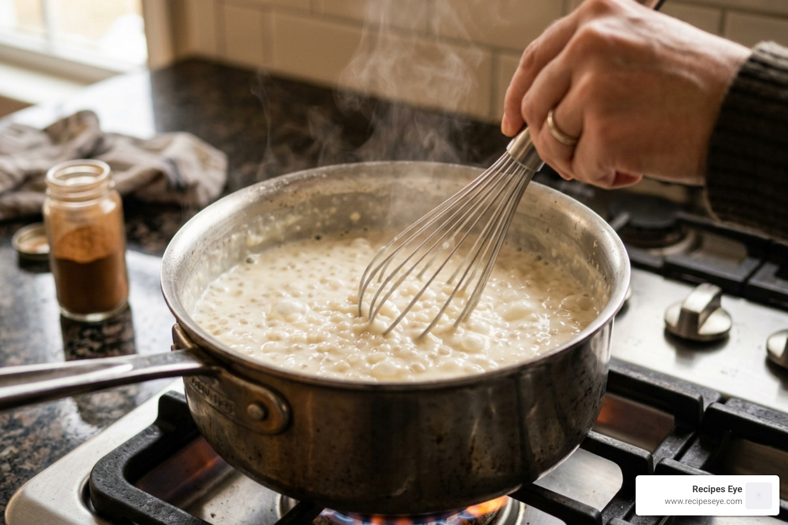 low carb pudding cooking on a stovetop with a whisk - low carb tapioca