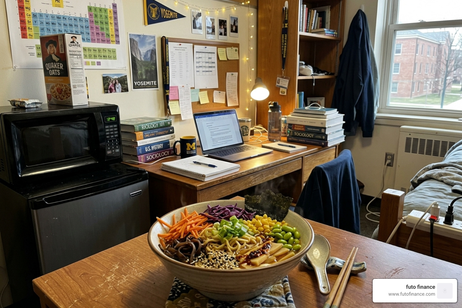 A gourmet vegan ramen bowl with colorful vegetables and sesame seeds made in a dorm room - easy vegan meals dorm