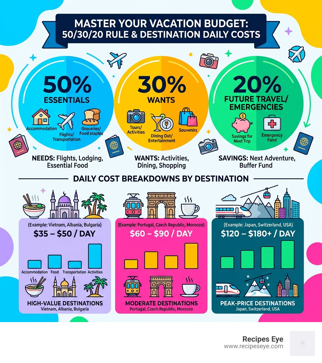 Infographic showing the 50/30/20 vacation budget rule and daily cost breakdowns by destination - budget travel tips