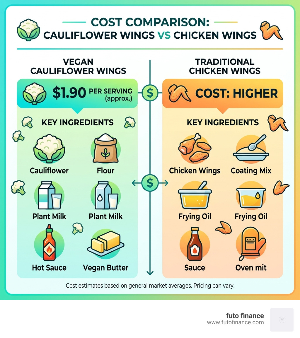 Infographic comparing cost per serving of vegan cauliflower wings vs chicken wings with key ingredients listed - affordable