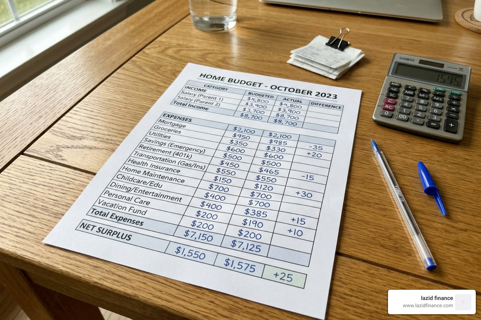 balanced home budget worksheet on a wooden table - money tips