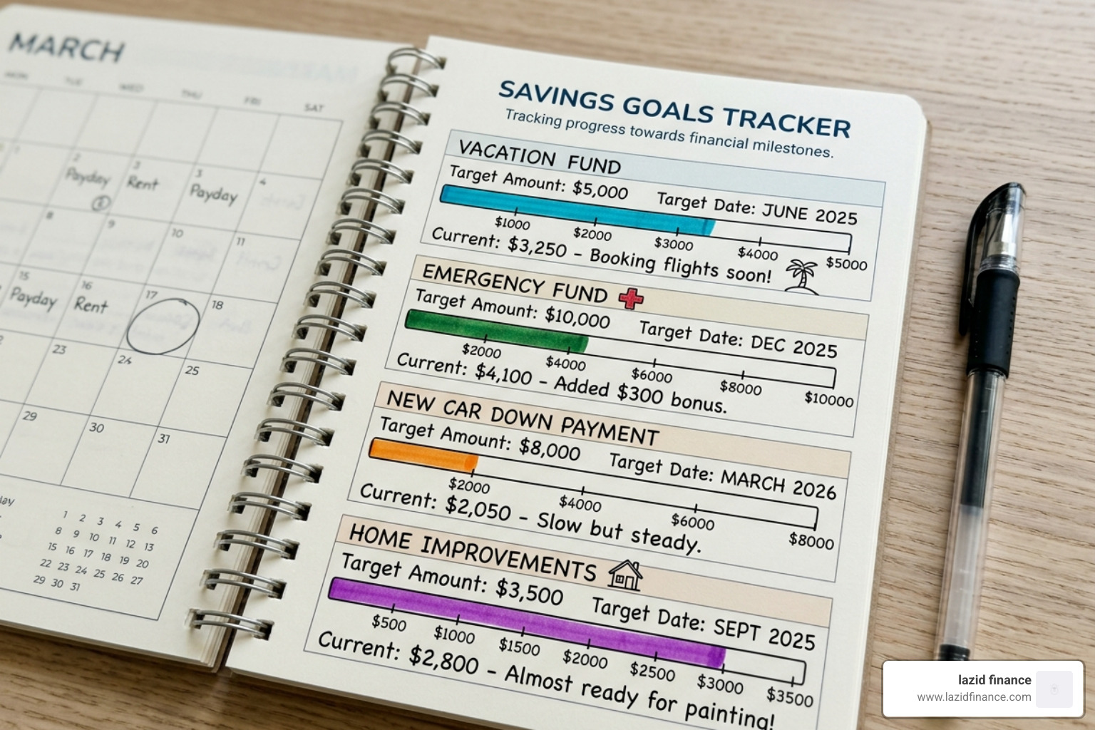 savings goal tracker page with progress bars and target dates - budget planner