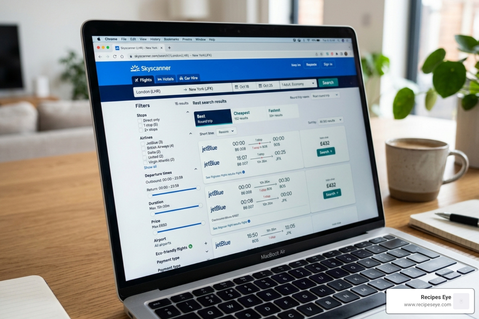 The flight selection filters on the Skyscanner interface showing options for stops and airlines - skyscanner book flights