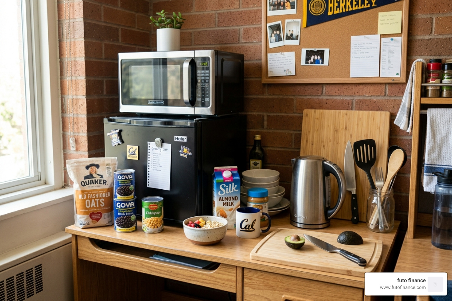 Compact dorm kitchen setup with microwave, mini-fridge, and essential vegan cooking tools - easy vegan meals dorm
