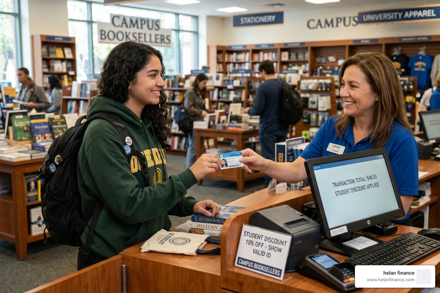 student using a student ID for a discount at a shop - student budget building tips