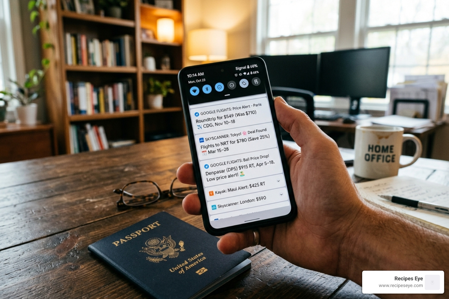 A smartphone displaying flight price alerts for various global destinations - budget travel tips
