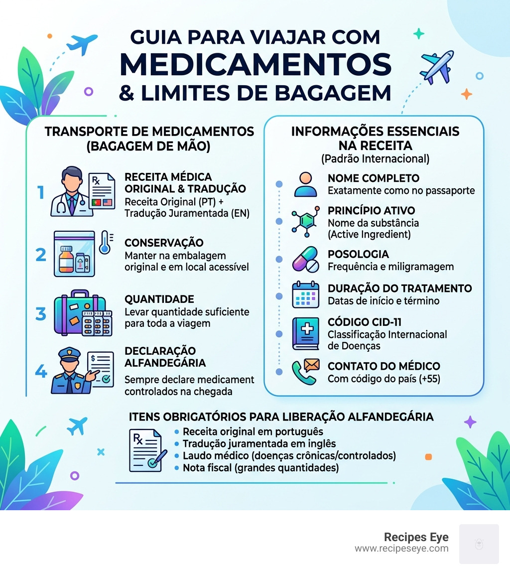 Infográfico sobre limites de bagagem e transporte de medicamentos - receita em ingles para viagem infographic 