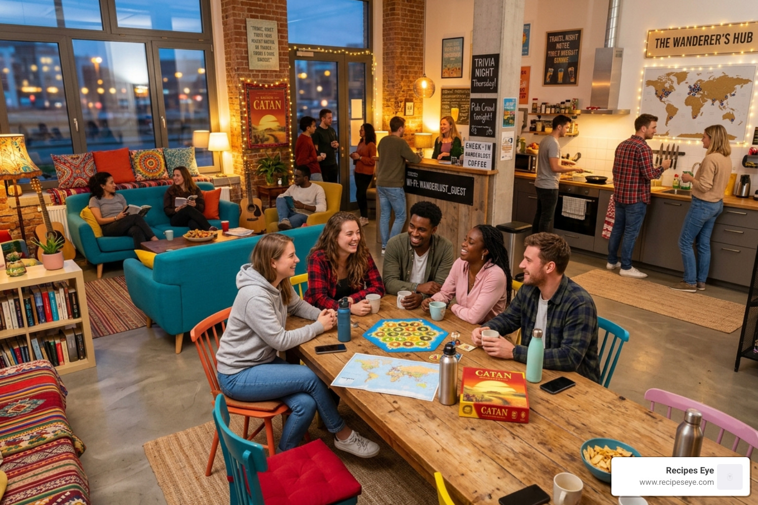 A modern hostel common area with vibrant decor and travelers socializing - budget travel tips