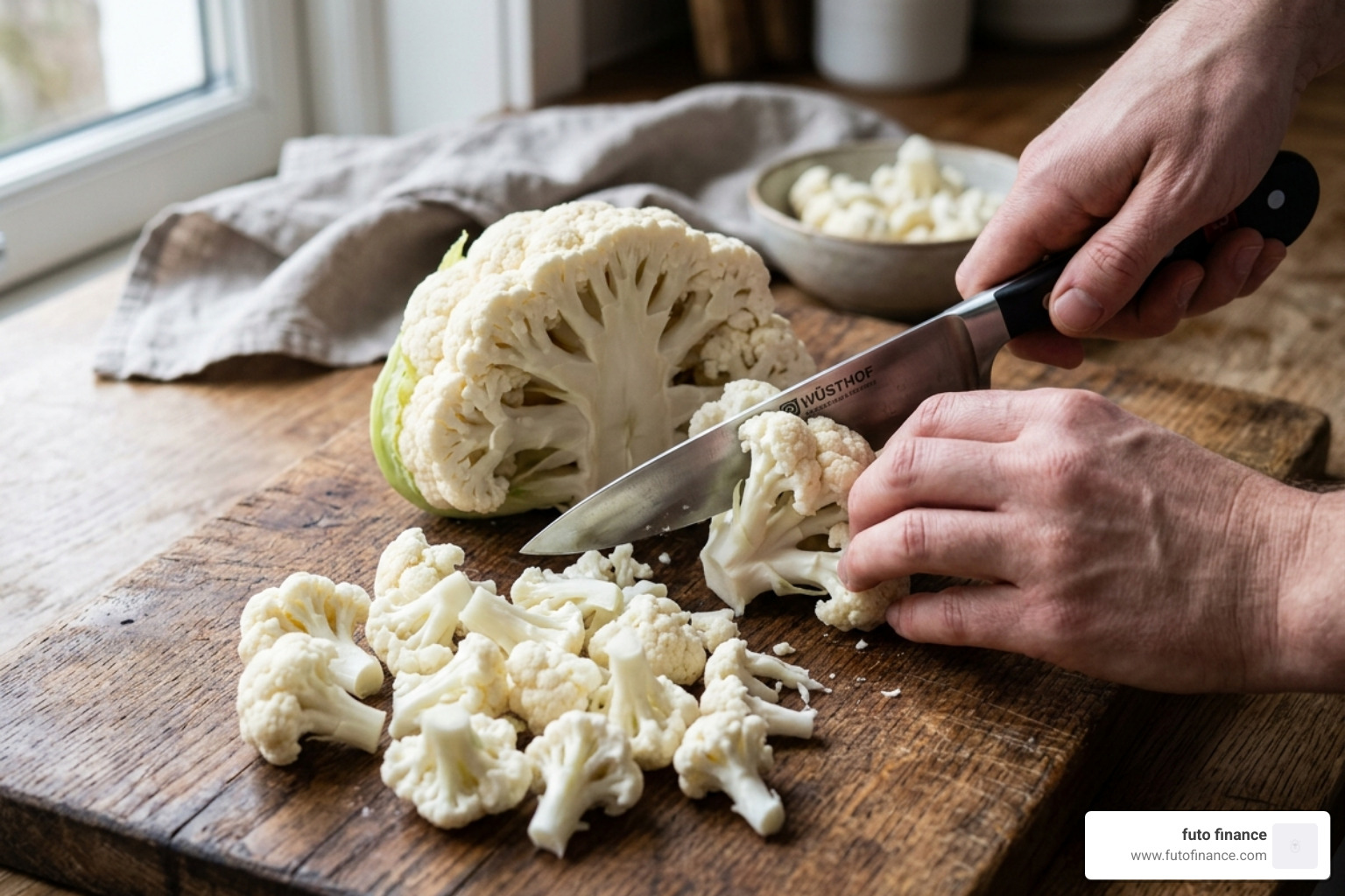 Cauliflower being chopped into uniform wings on a wooden cutting board - affordable vegan cauliflower wings