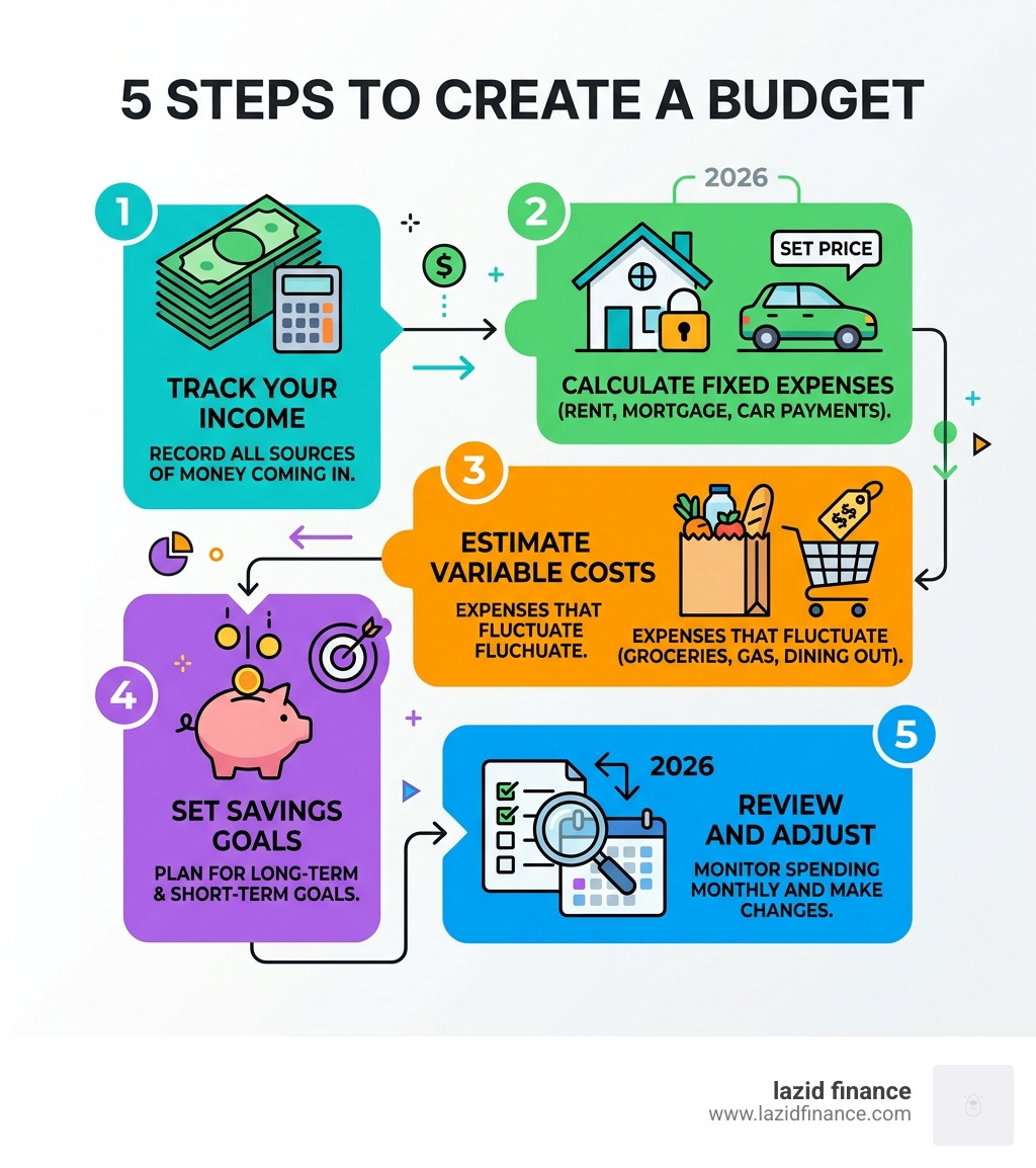 5-step budgeting process showing income, fixed expenses, variable costs, savings goals, and review - budget planner