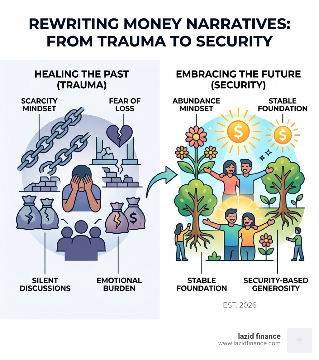 Infographic on rewriting money narratives from trauma to security - conscious wealth net worth infographic 
