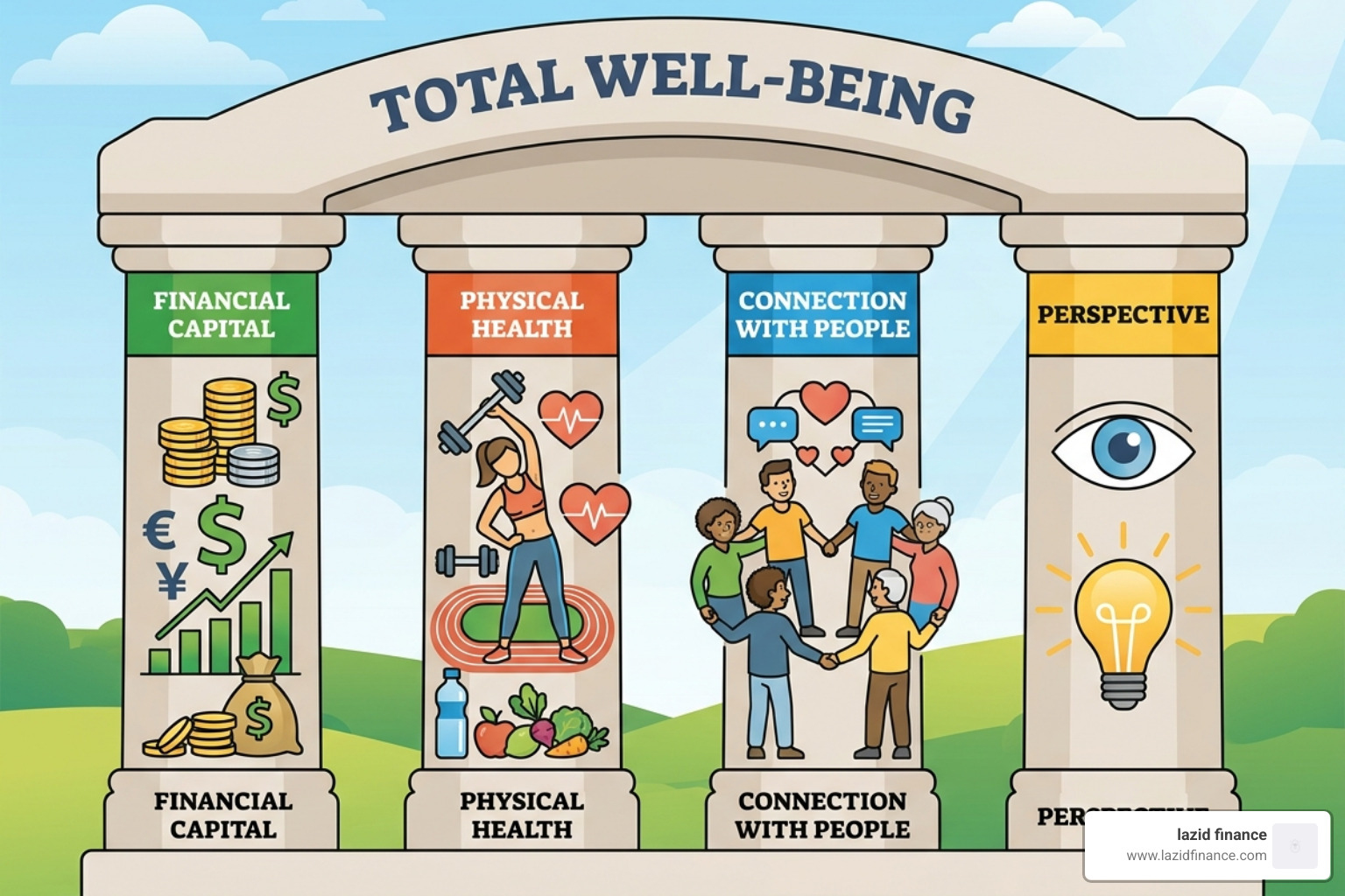 Illustration showing the four pillars: Financial Capital, Physical Health, Connection, and Perspective - conscious wealth
