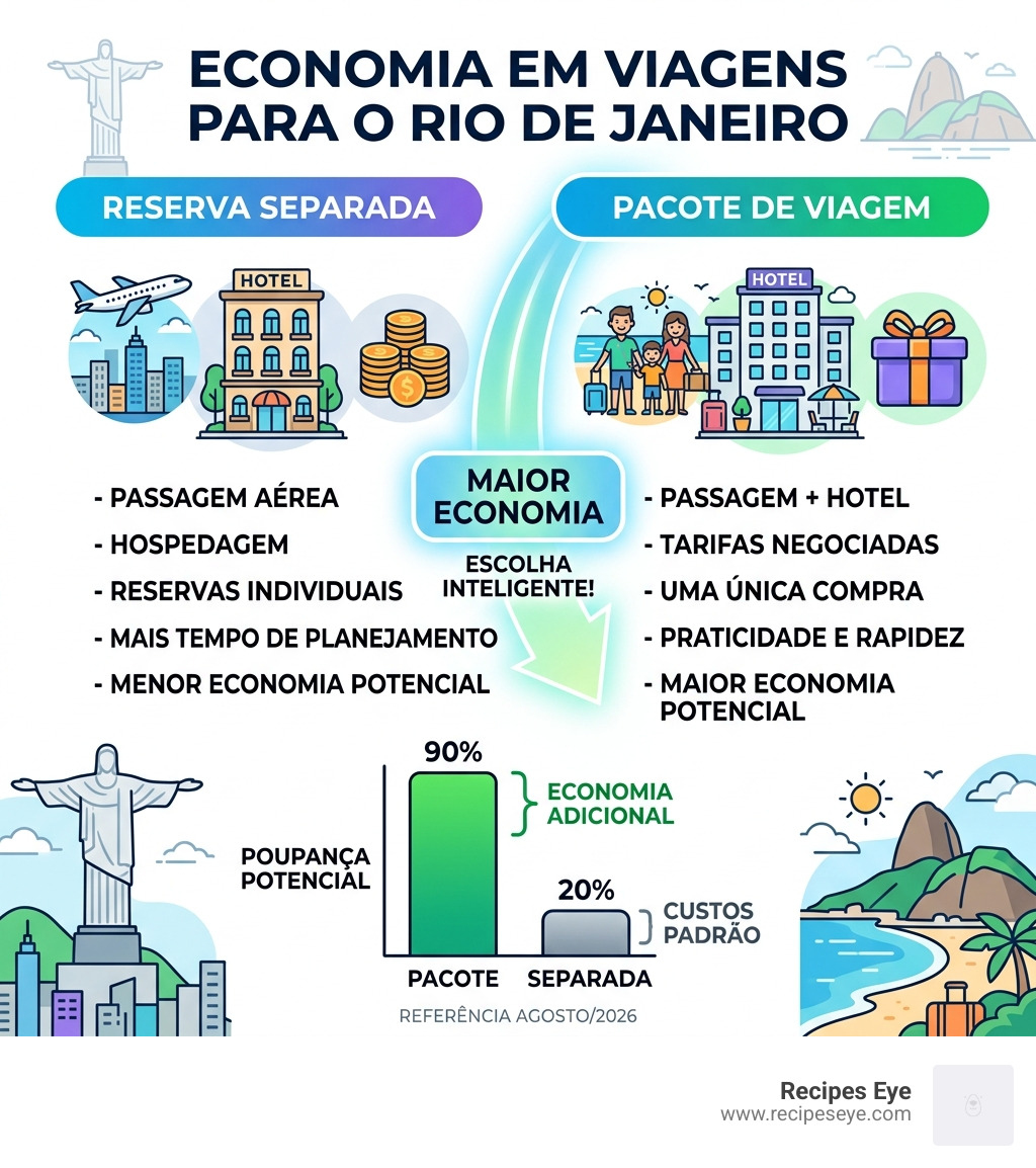 Table comparing package savings vs. separate booking for Rio de Janeiro - promoções de passagens infographic 