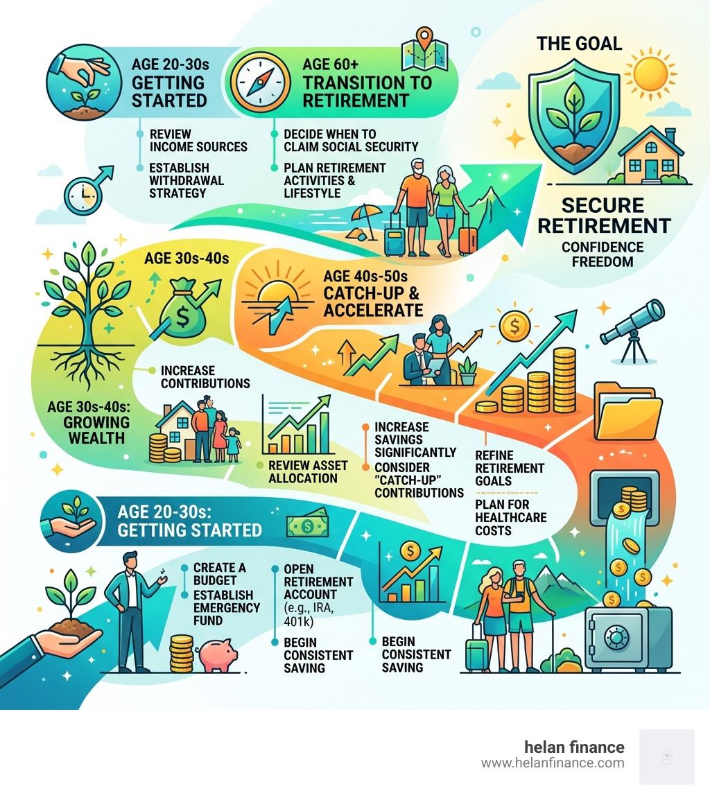 Retirement planning timeline from age 20 to retirement showing savings milestones and key decisions - retirement planning