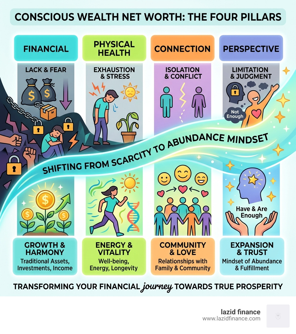 Infographic showing the four pillars of conscious wealth net worth shifting from scarcity to abundance mindset - conscious