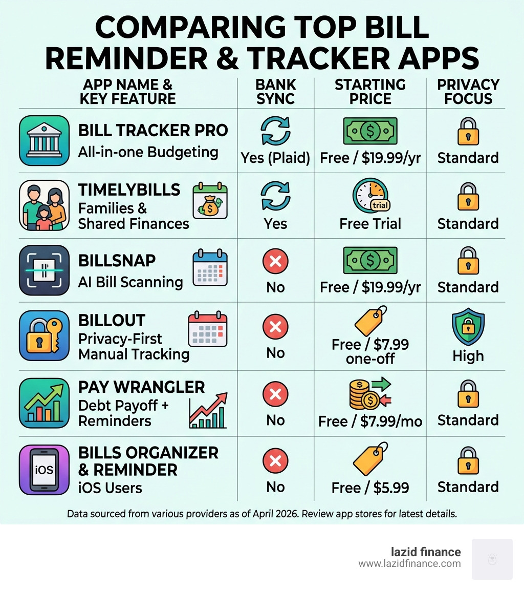 Infographic showing top bill reminder and tracker apps compared by features, price, and privacy - bill reminder and tracker
