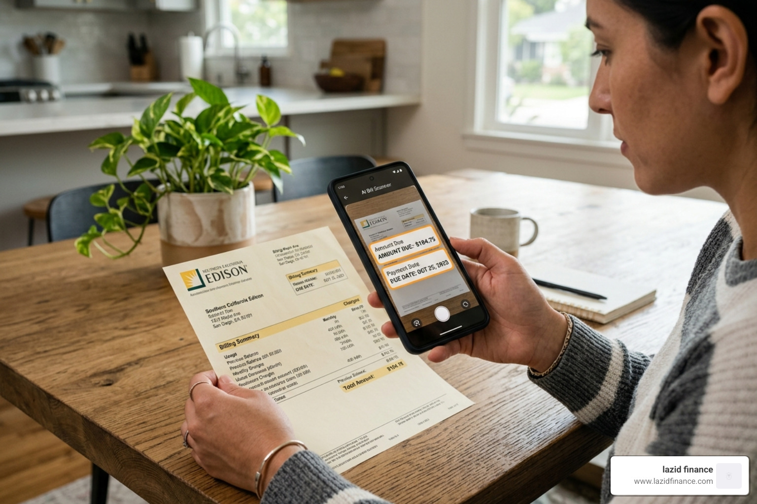 AI scanning a paper bill with a smartphone camera - bill reminder and tracker