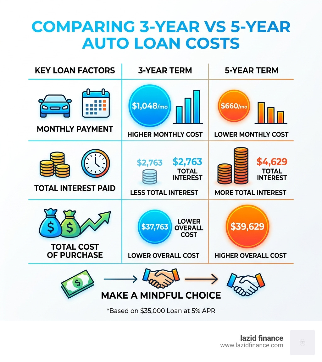 Table comparing 3-year vs 5-year auto loan costs - loan calculator infographic 
