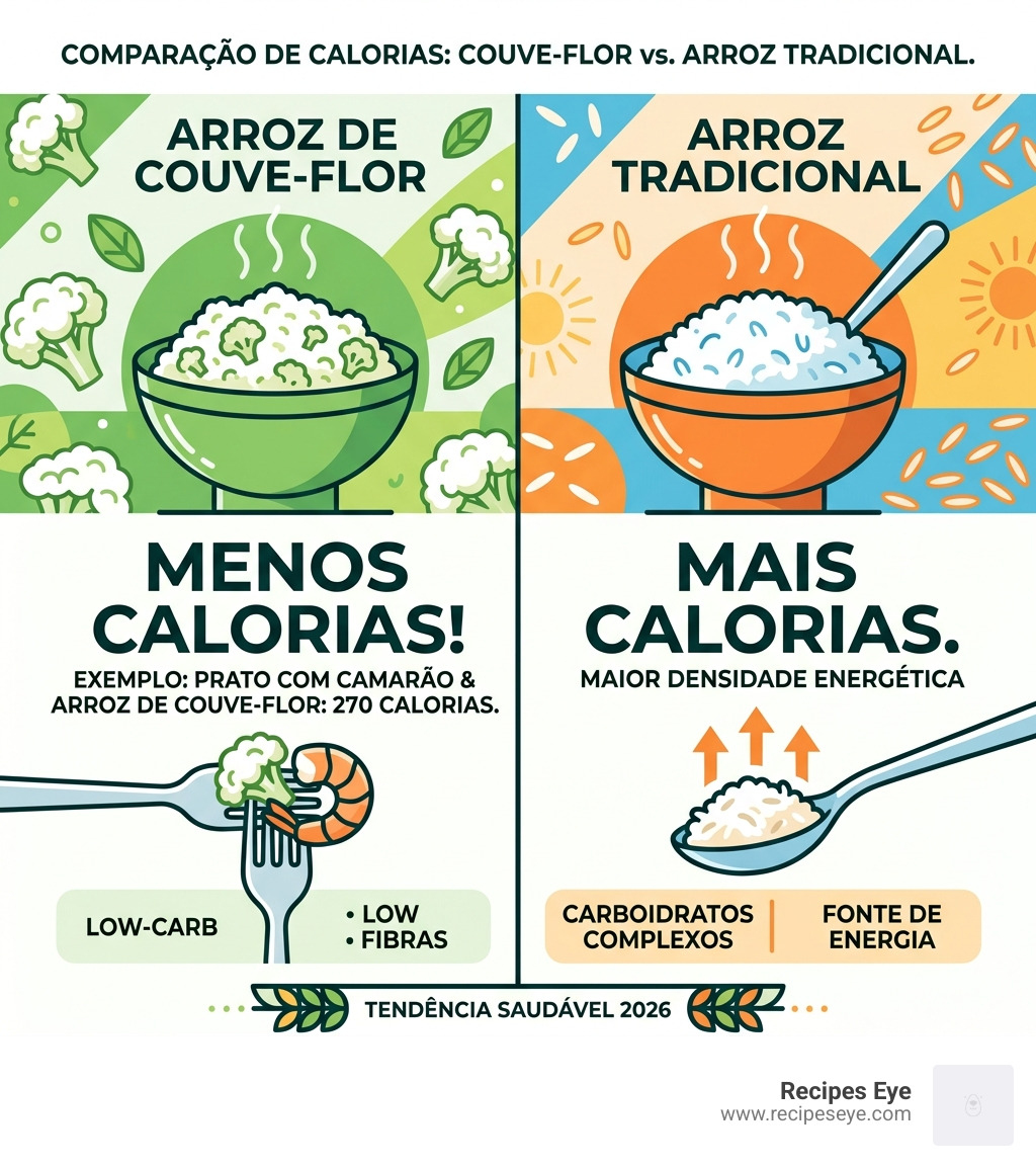 Infographic showing calorie comparison between cauliflower rice and traditional rice - Couve flor receitas infographic 