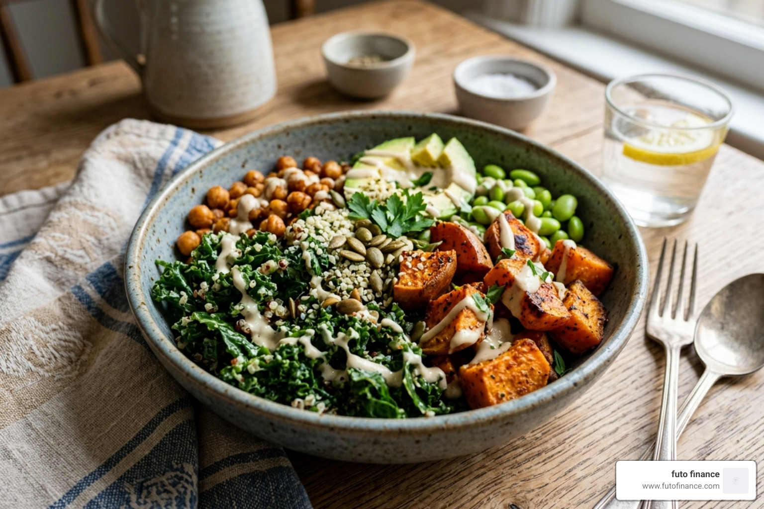 A roasted sweet potato bowl with kale and tahini dressing - vegan recipes lunch