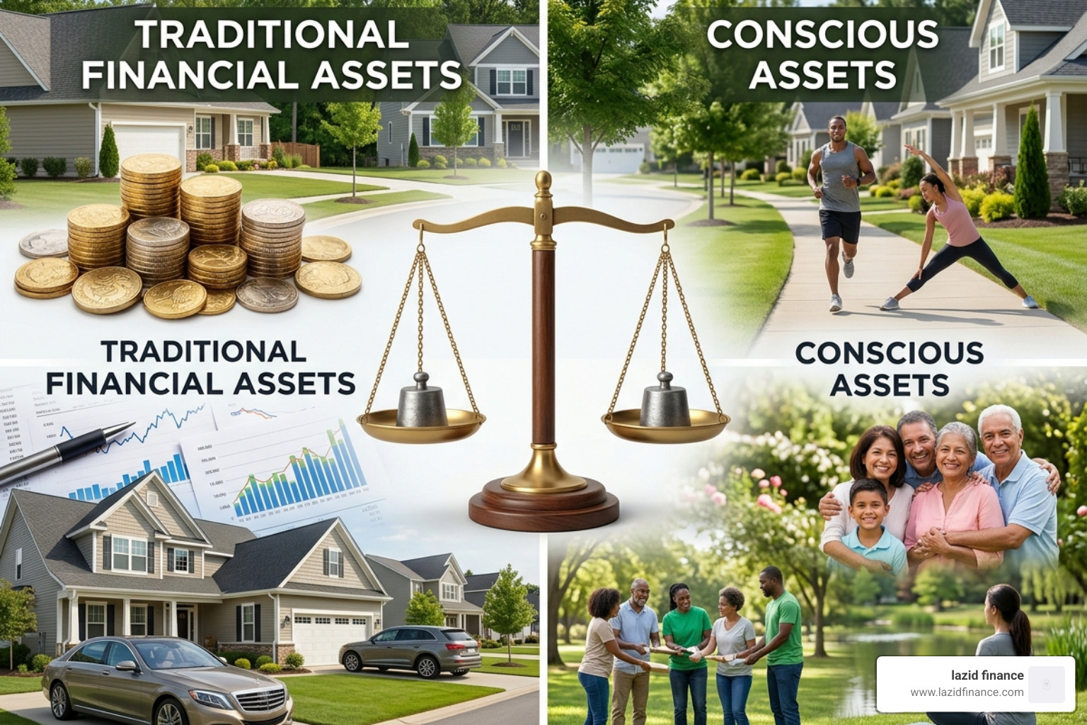 Graphic comparing traditional assets like stocks and real estate vs conscious assets like health and connections - conscious