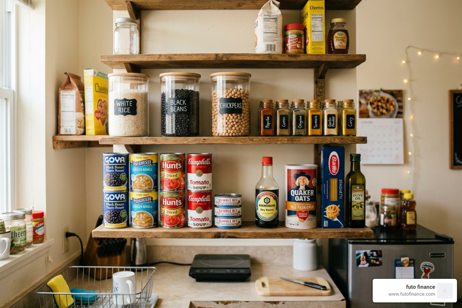 A budget-friendly student pantry setup with jars of rice, beans, and spices - simple rice bowl recipes