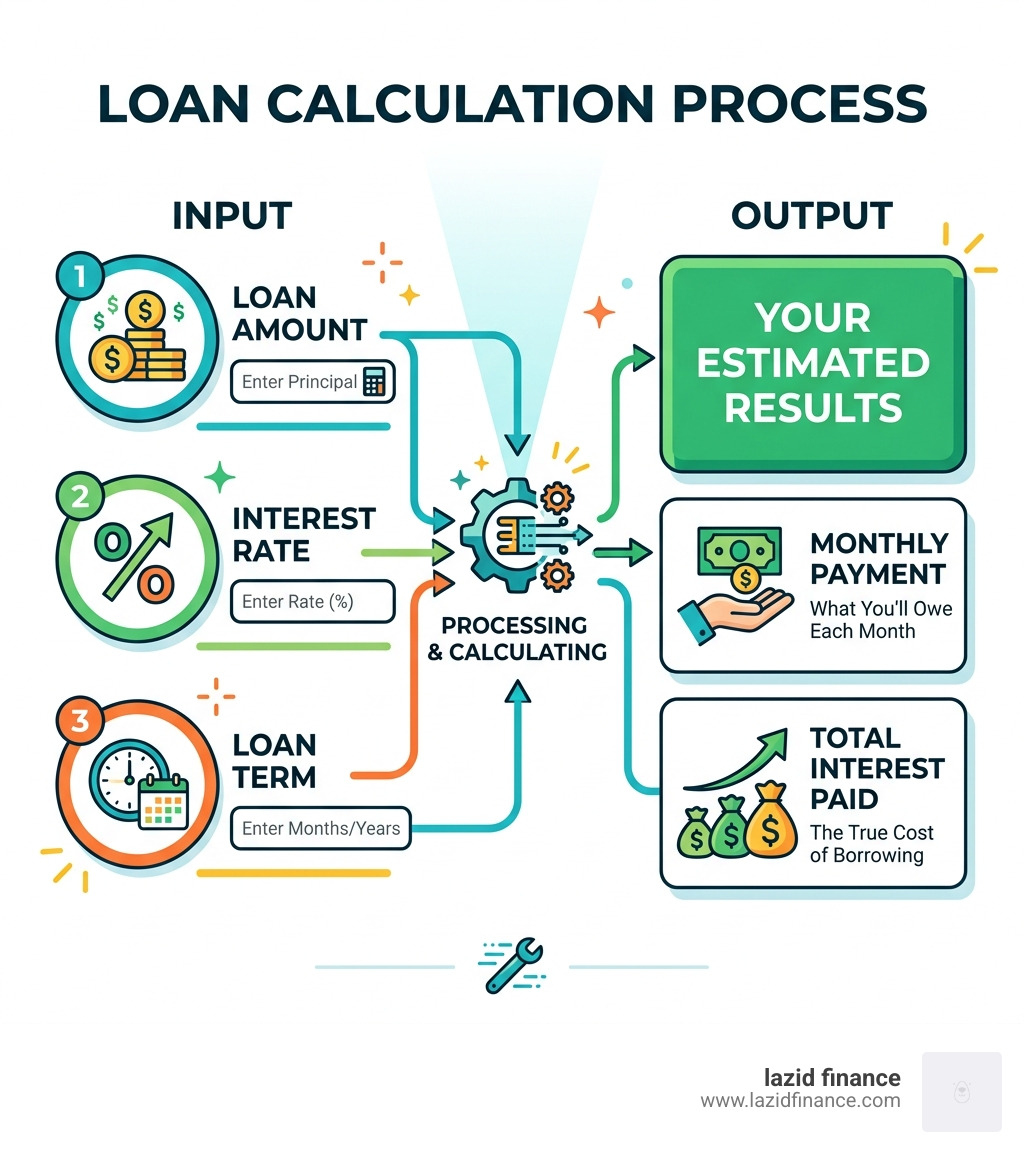 Step-by-step loan calculation process: input loan amount, rate, and term to get monthly payment and total interest - loan