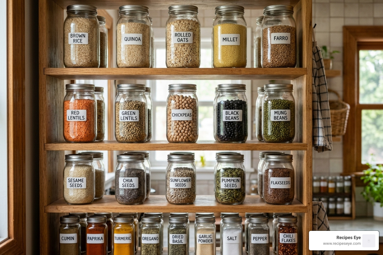 Estoque básico de despensa vegana com potes de grãos, sementes e temperos - receitas veganas fáceis iniciante
