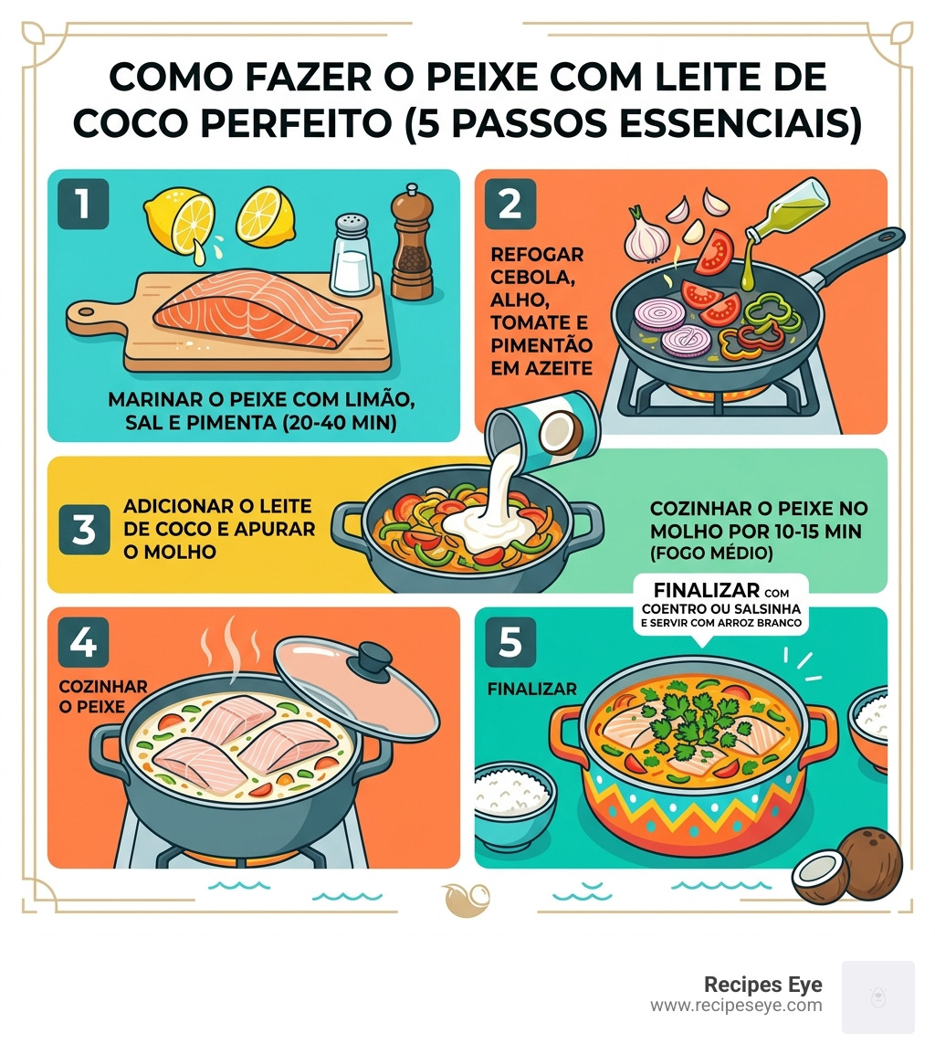 5 essential steps infographic for perfect fish stew with coconut milk - peixe com leite de coco infographic 