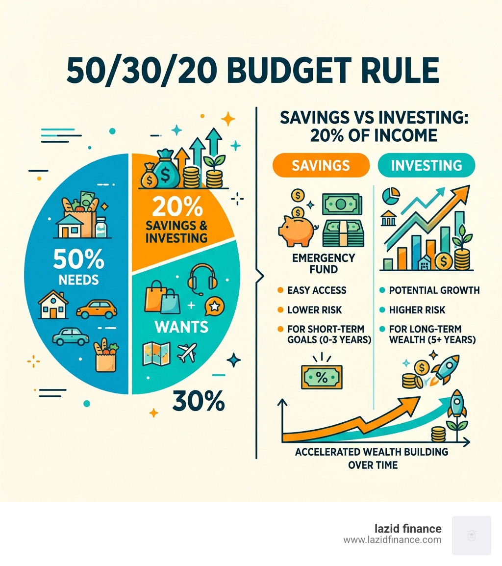 Infographic showing the 50/30/20 budget rule with savings vs investing comparison - personal finance and investing