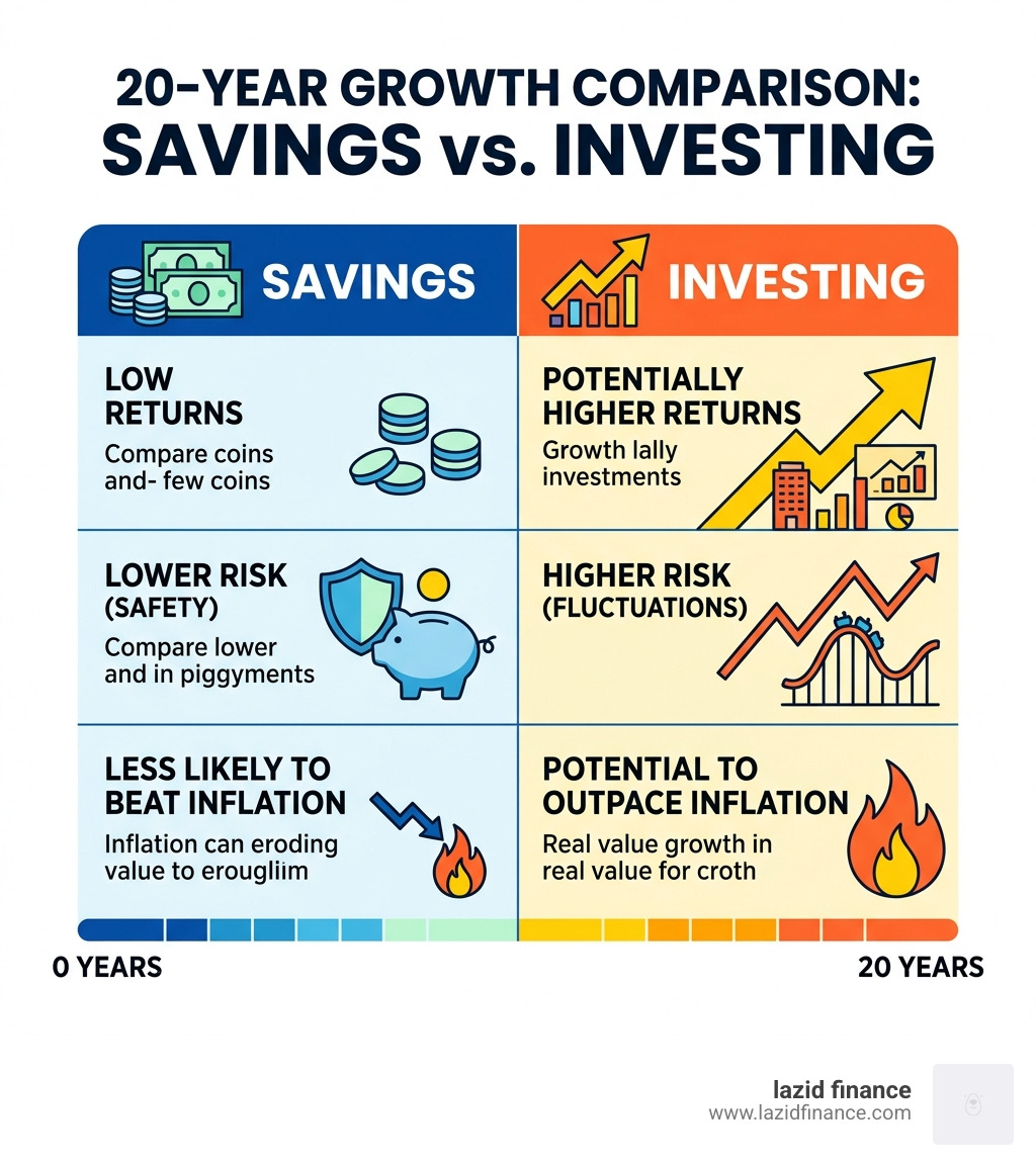 Table comparing savings vs. investing returns over 20 years - personal finance and investing infographic 