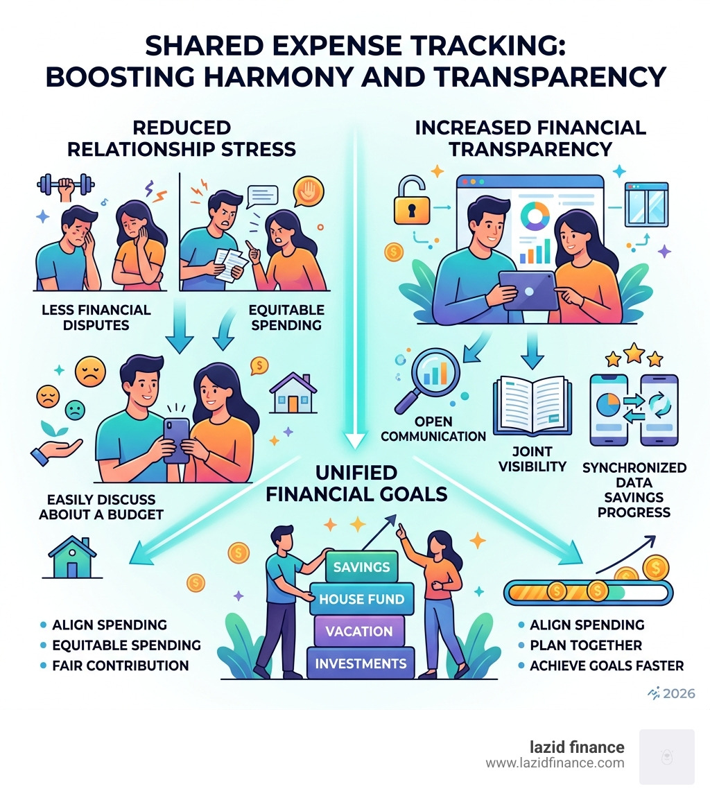 Infographic showing how shared expense tracking reduces relationship stress and increases transparency - expense tracker