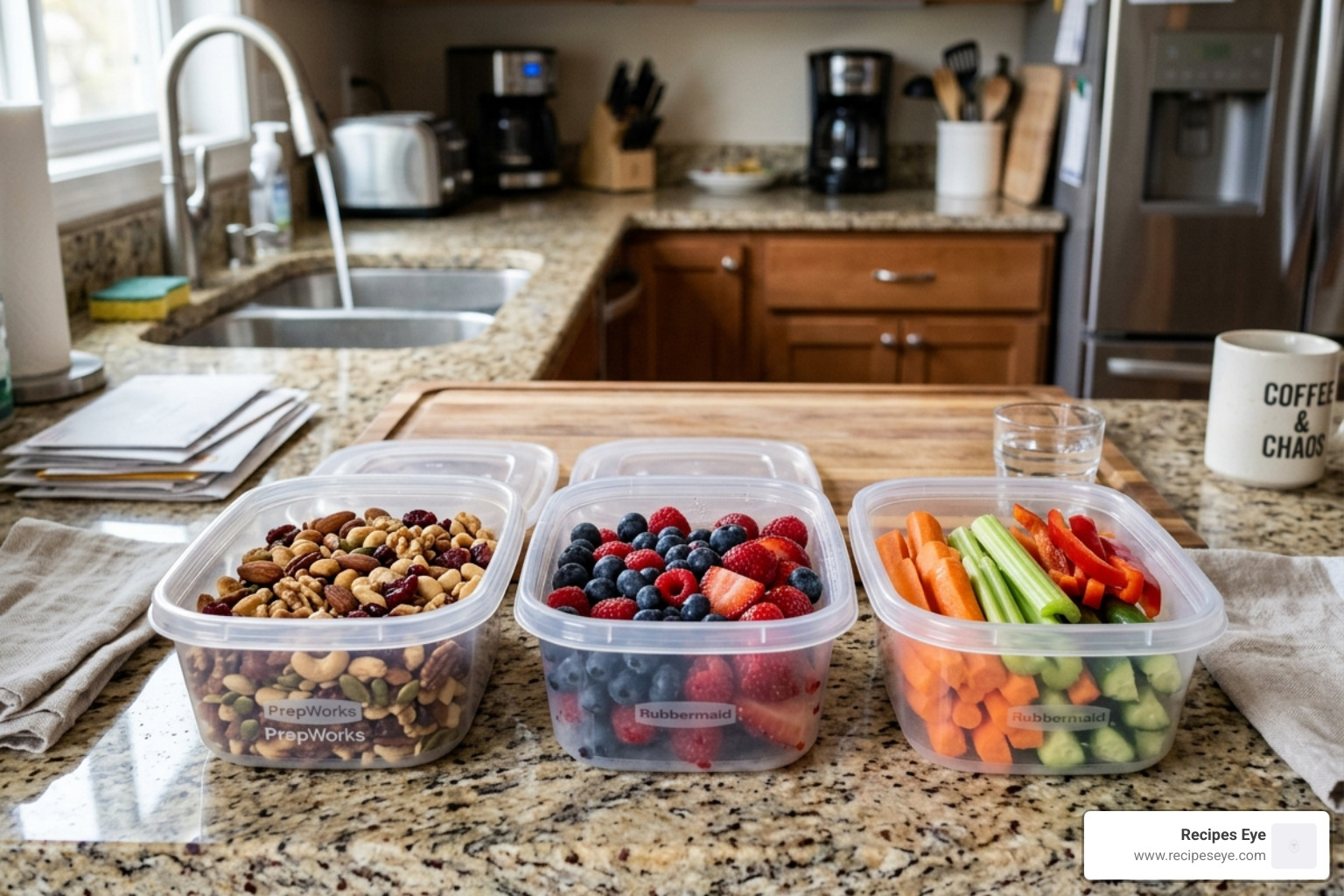 Portable snack containers filled with nuts, berries, and veggie sticks for a busy lifestyle - healthy snack alternatives to