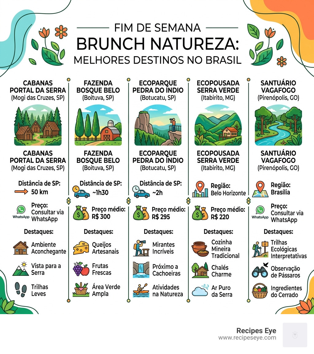 Infographic showing nature brunch destinations in Brazil with prices, distances, and key features - fim de semana brunch