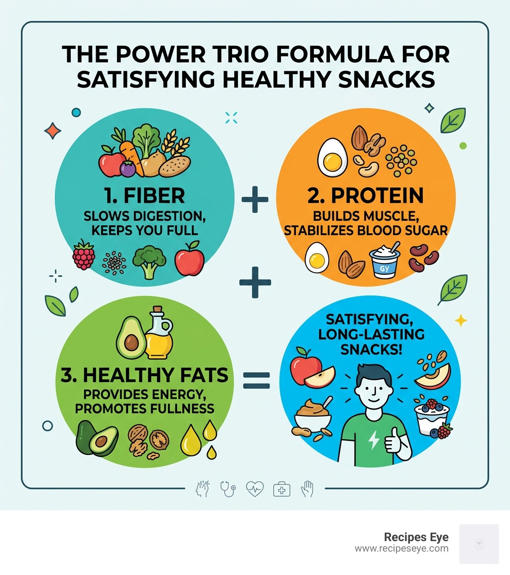 Infographic showing the Power Trio formula: Fiber plus Protein plus Healthy Fats for satisfying healthy snacks - healthy
