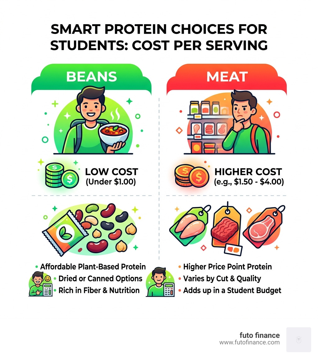 Infographic comparing cost per serving of beans vs meat protein sources for students - simple vegan bean soup infographic 