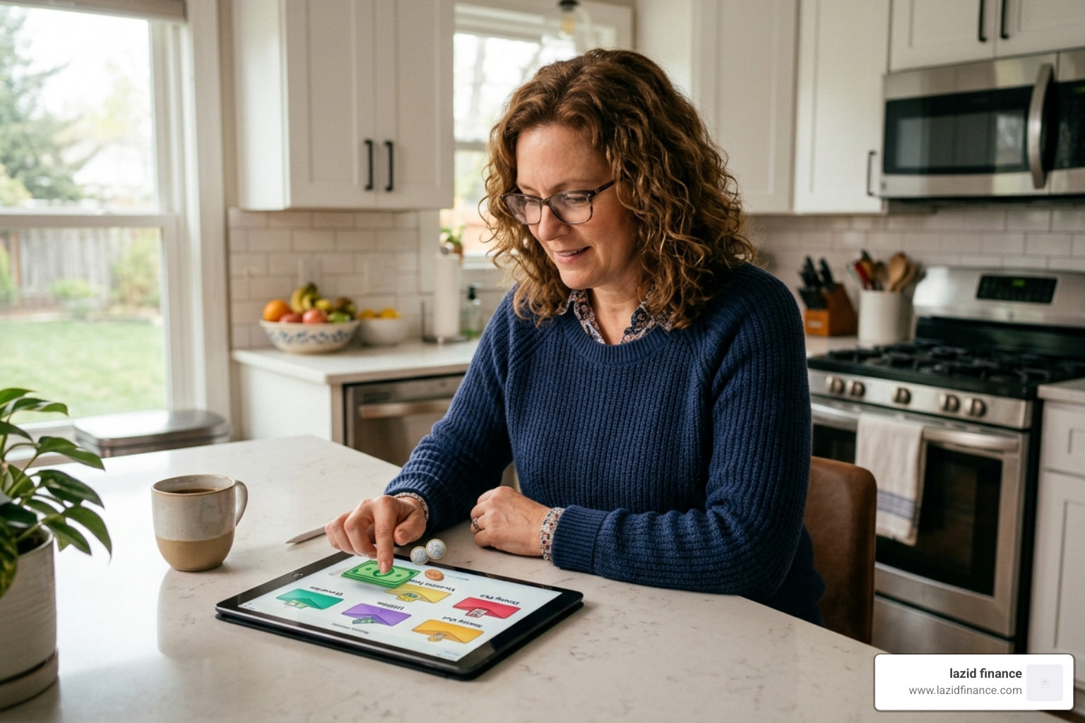A person using a tablet to drag digital money into virtual envelopes - digital budget planner