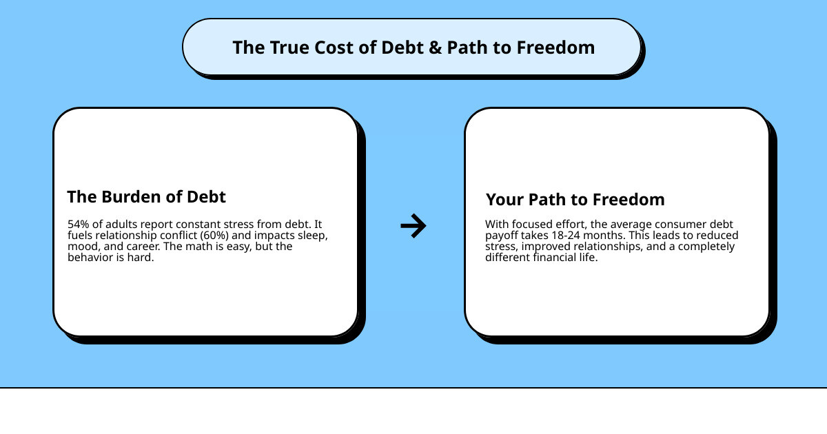 psychological toll of debt and 18-24 month average payoff timeline infographic - debt free motivation advice infographic