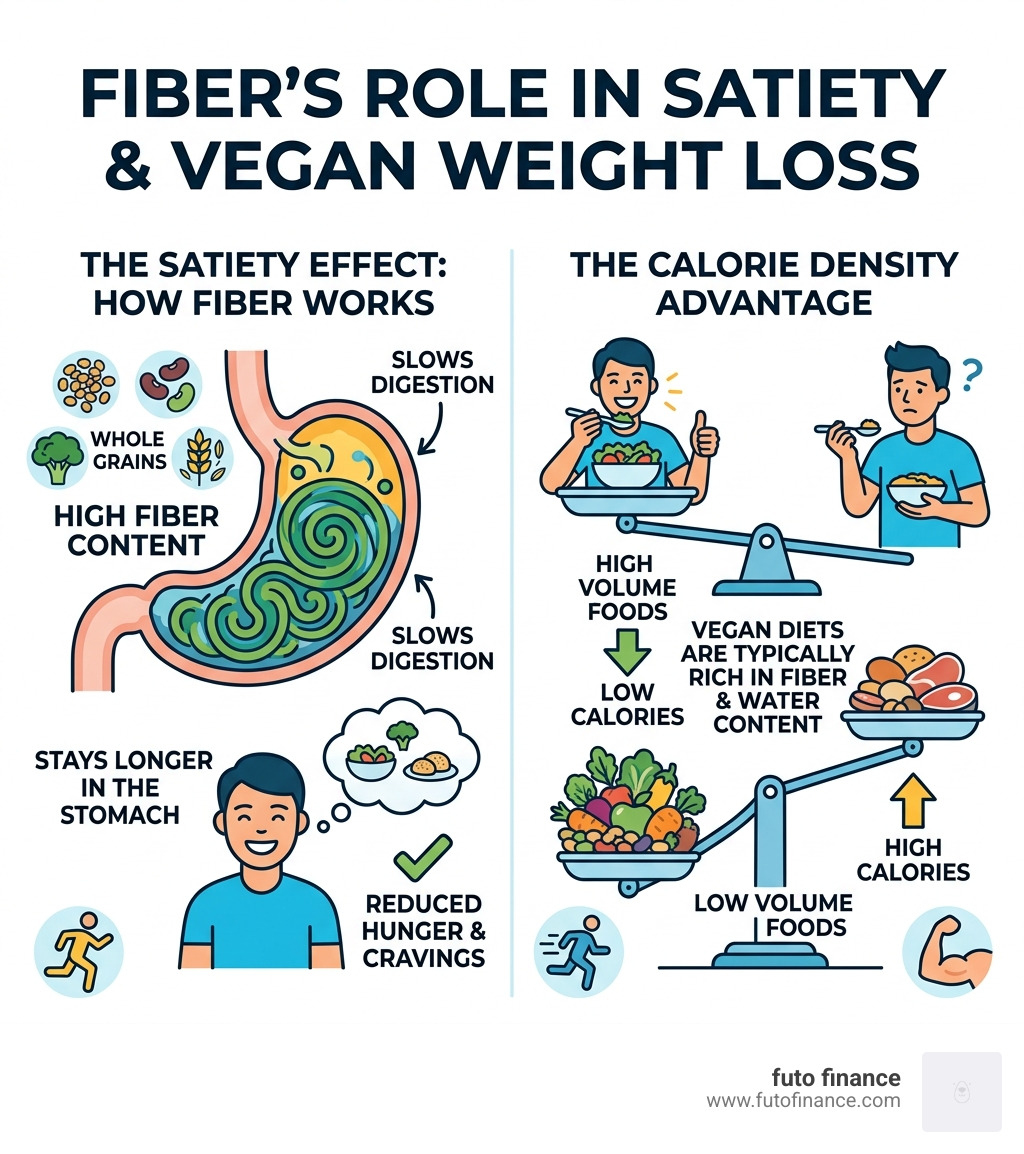 infographic showing fiber's role in satiety and vegan weight loss - healthy vegan lunch recipes for weight loss infographic 