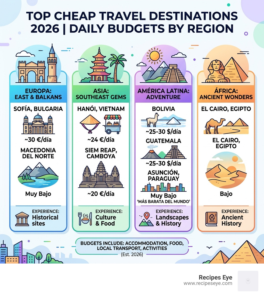 Infographic showing top cheap travel destinations 2026 with daily budgets by region - destinos baratos para viajar