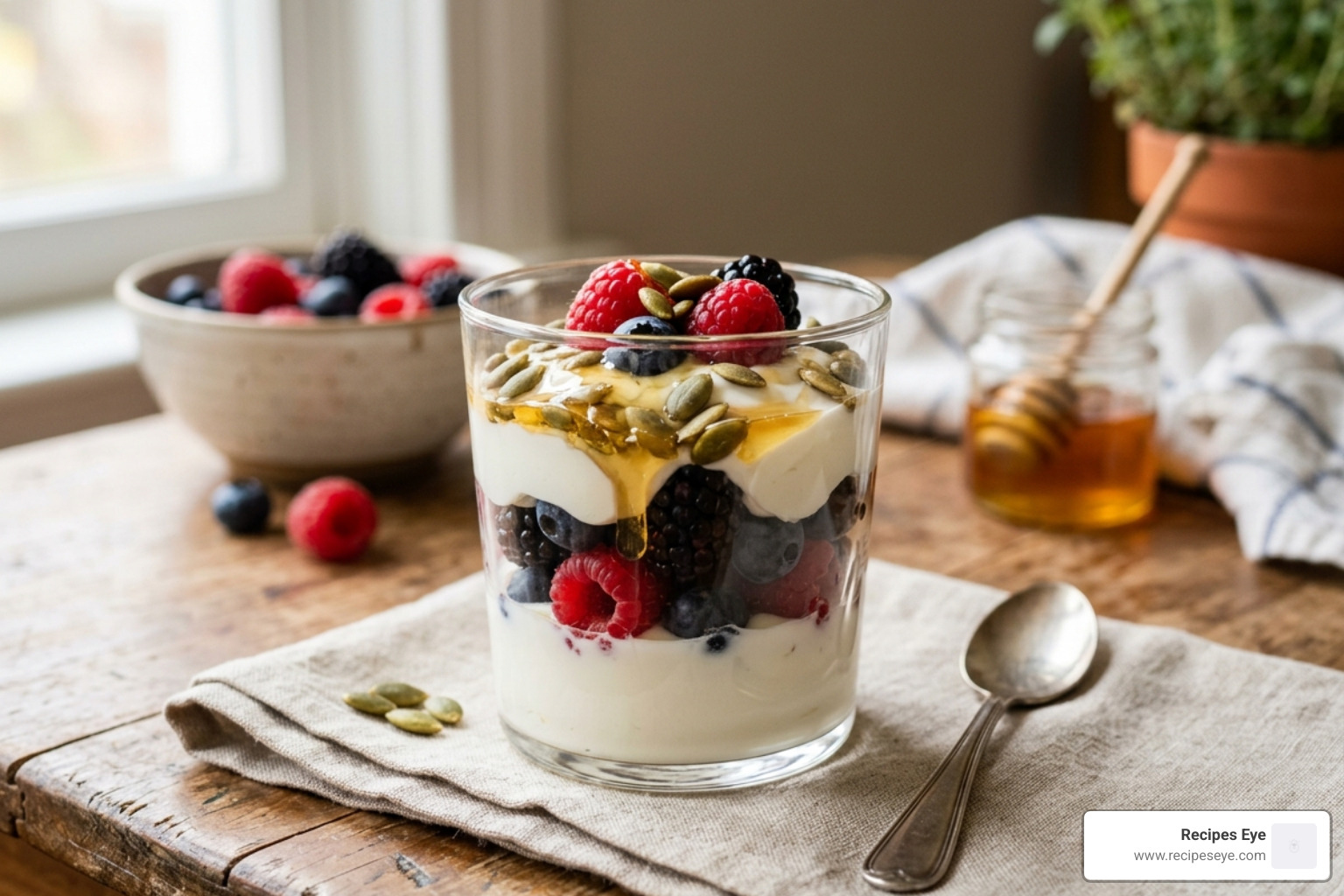 A 5-minute yogurt parfait with fresh berries, pumpkin seeds, and a drizzle of honey - healthy snack recipes