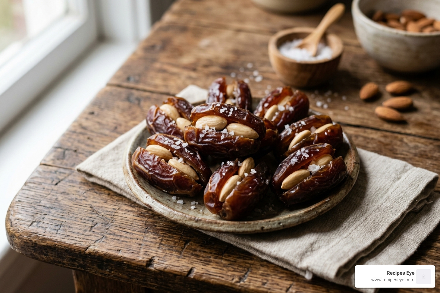 Almond-stuffed Medjool dates sprinkled with sea salt - healthy snack recipes