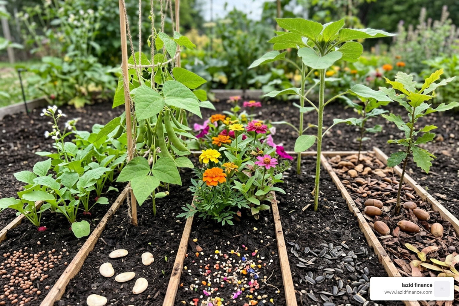 Diverse seeds growing into different plants representing asset allocation - personal finance and investing