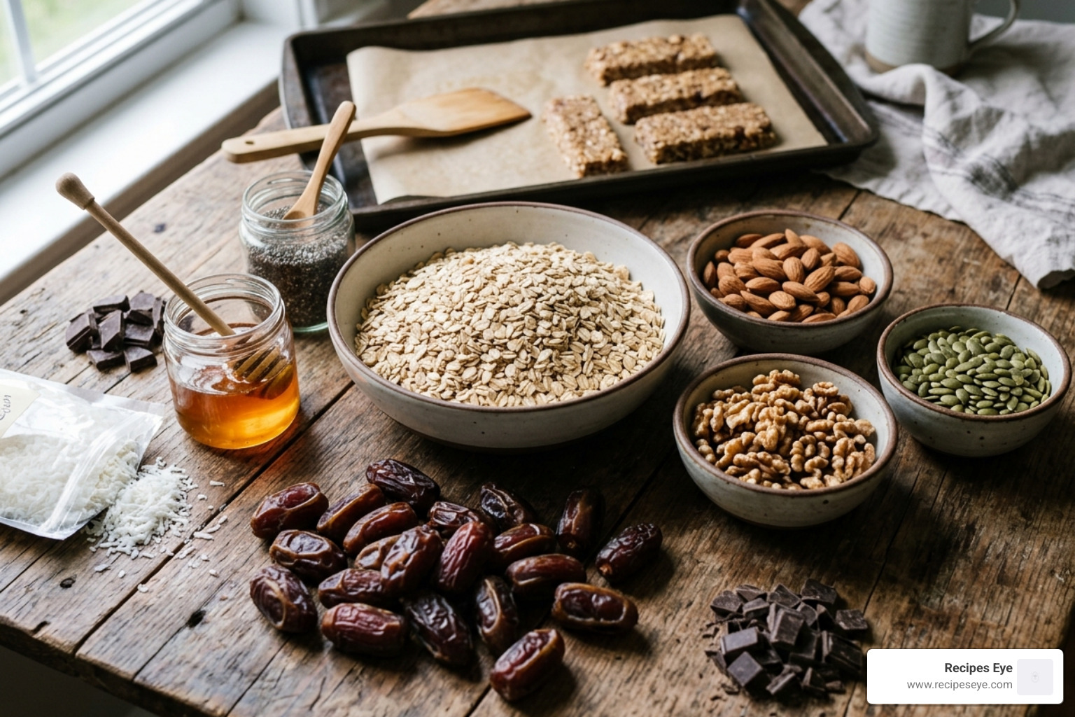 oats nuts and dates on a wooden table ready for cooking - Barras energéticas caseiras