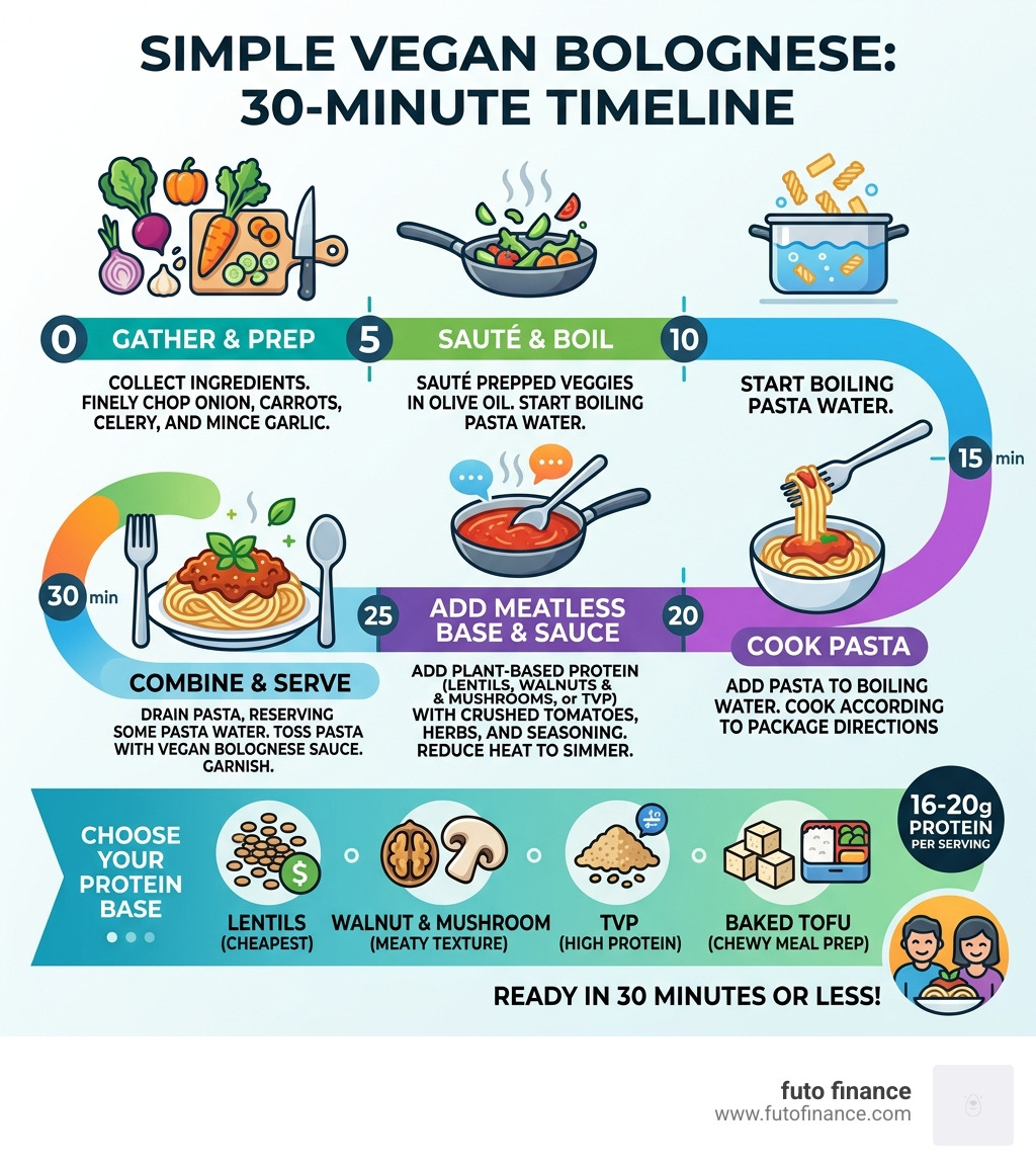 Infographic showing 30-minute prep-to-plate timeline for simple vegan bolognese pasta - simple vegan bolognese pasta