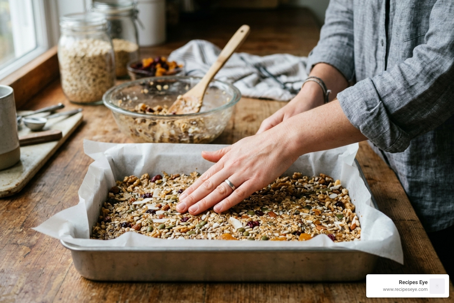 hand pressing energy bar mixture into a baking tray with parchment paper - Barras energéticas caseiras